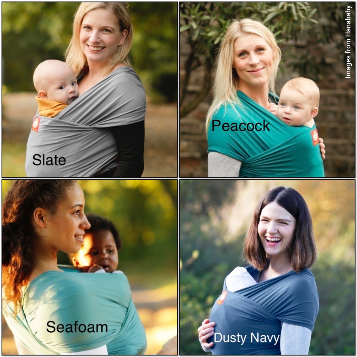 4 images of women wearing stretchy wraps, showing Slate, Peacock, Dusty Navy and Seafoam colourways
